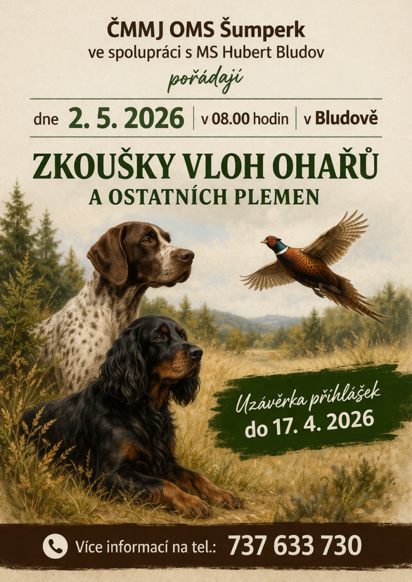 Zkoušky vloh ohařů a ostatních plemen 2. 5. 2026 Bludov
