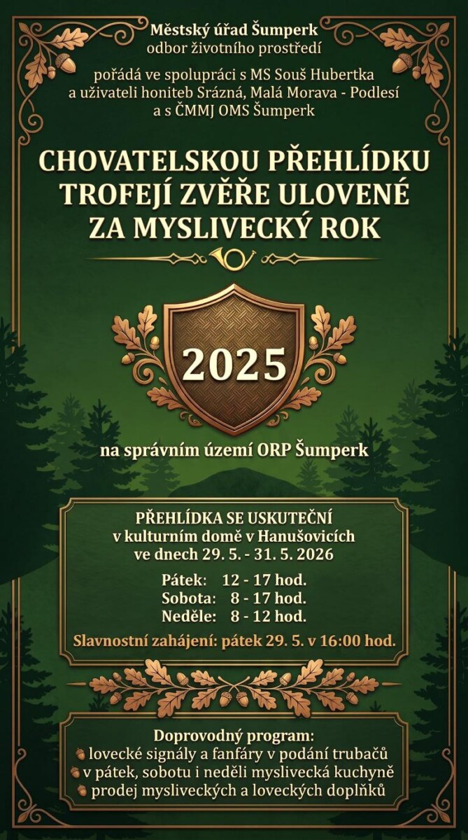 pozvánka- chovatelská přehlídka trofejí ulovené zvěře za rok 2025 Hanušovice