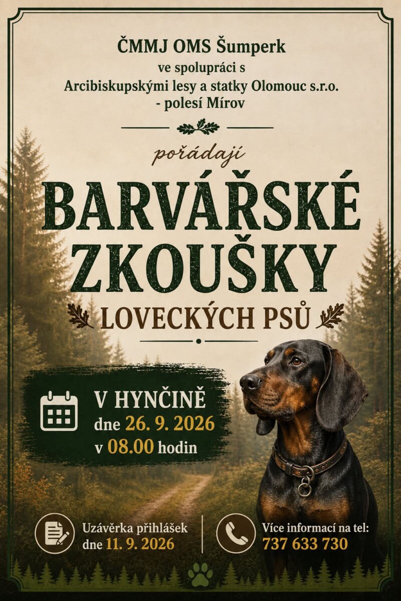 BARVÁŘSKÉ ZKOUŠKY LOVECKÝCH PSŮ POZVÁNKA