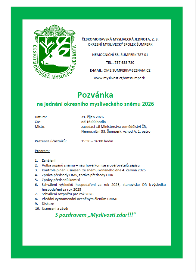 POZVÁNKA OKRESNÍ MYSLIVECKÝ SNĚM 21. ŘÍJNA 2026
